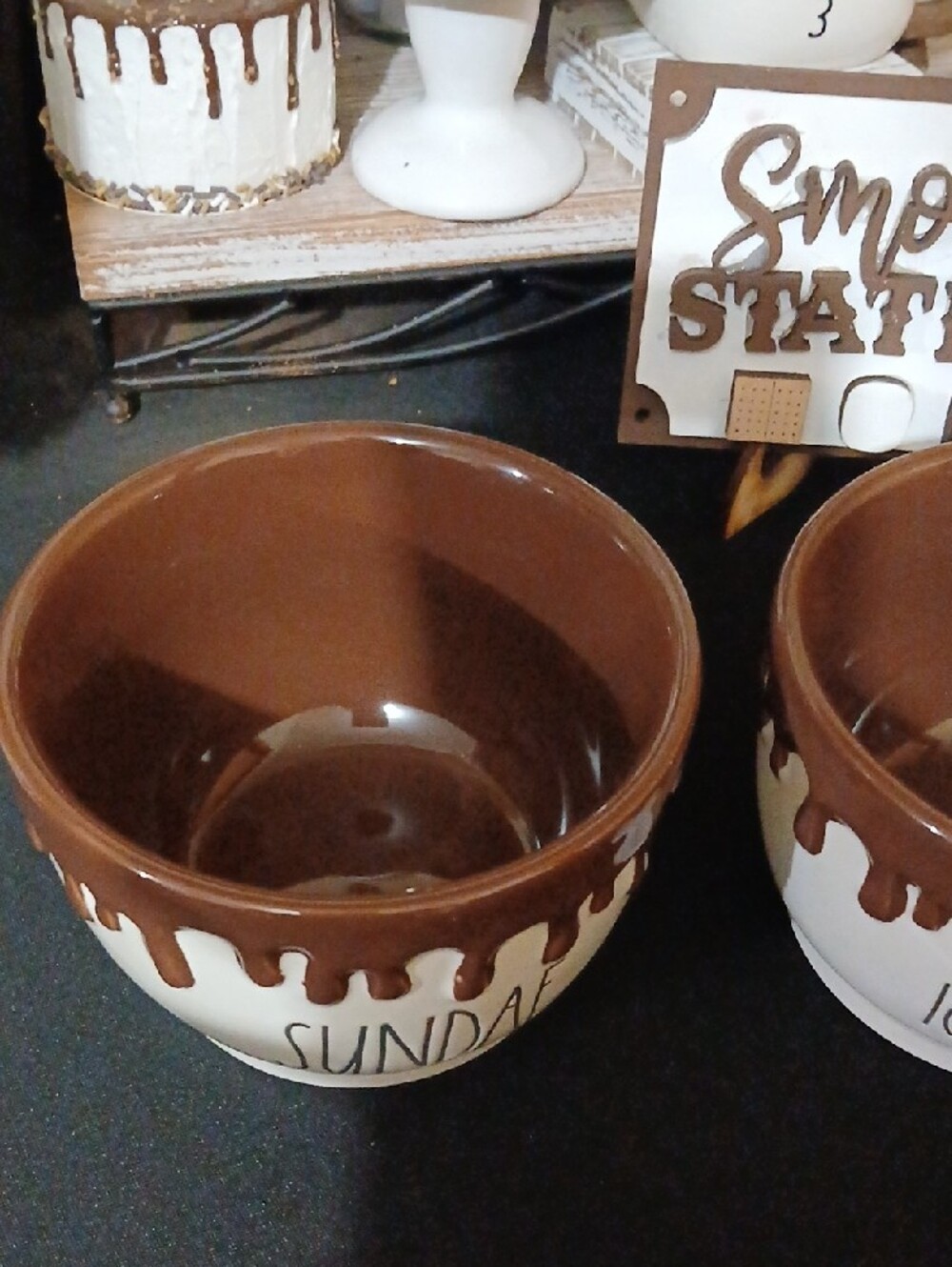 New!! Set of 2 Rae Dun Ice Cream Sundae Ceramic Bowls - Brown Drip Design NWT - Picture 3 of 10
